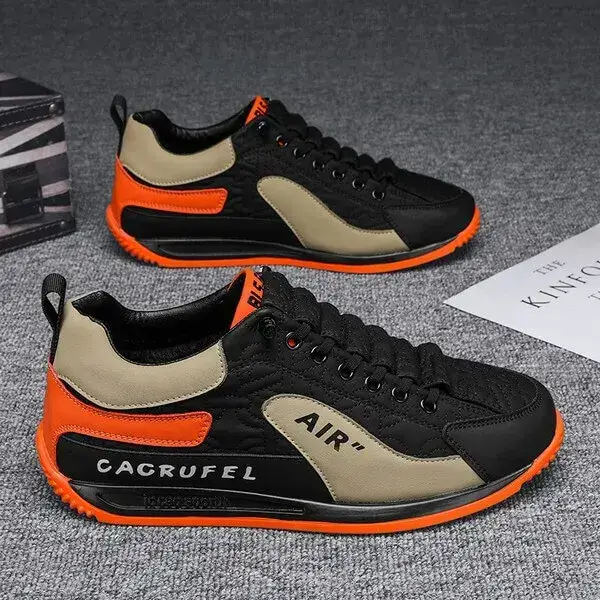 Mens Lightweight Colorblock Sneakers | Breathable Low-Top Casual Shoes in Black Orange, White