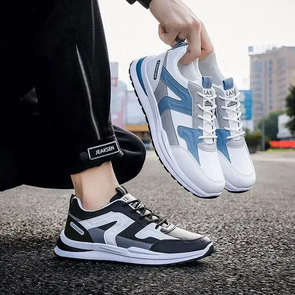 Mens Colorblock PU Sneakers | Light-Reflective Low-Top Running Shoes in White, Black
