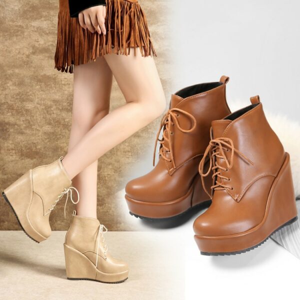 New Autumn And Winter Simple Lace-up Wedge Boots For Women