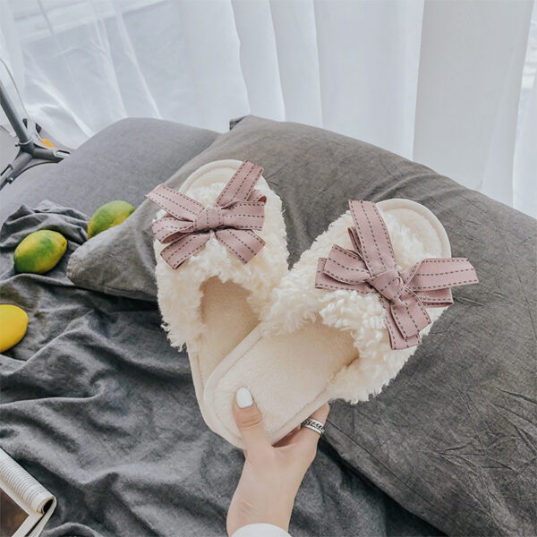 Warm Fancy Female Bow Fluffy House Slippers For Women